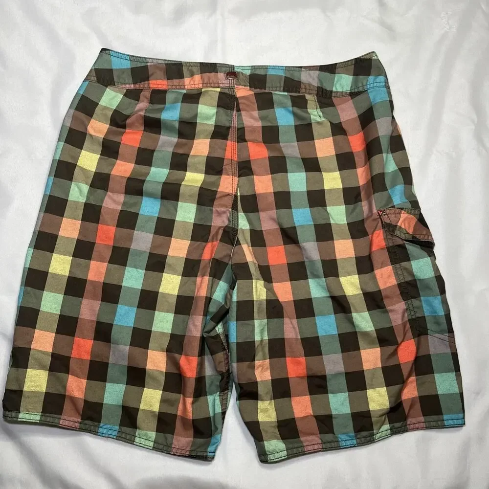 Quiksilver Board Shorts Sz 34 Vintage Retro Style Checker Plaid Brown Blue Swim